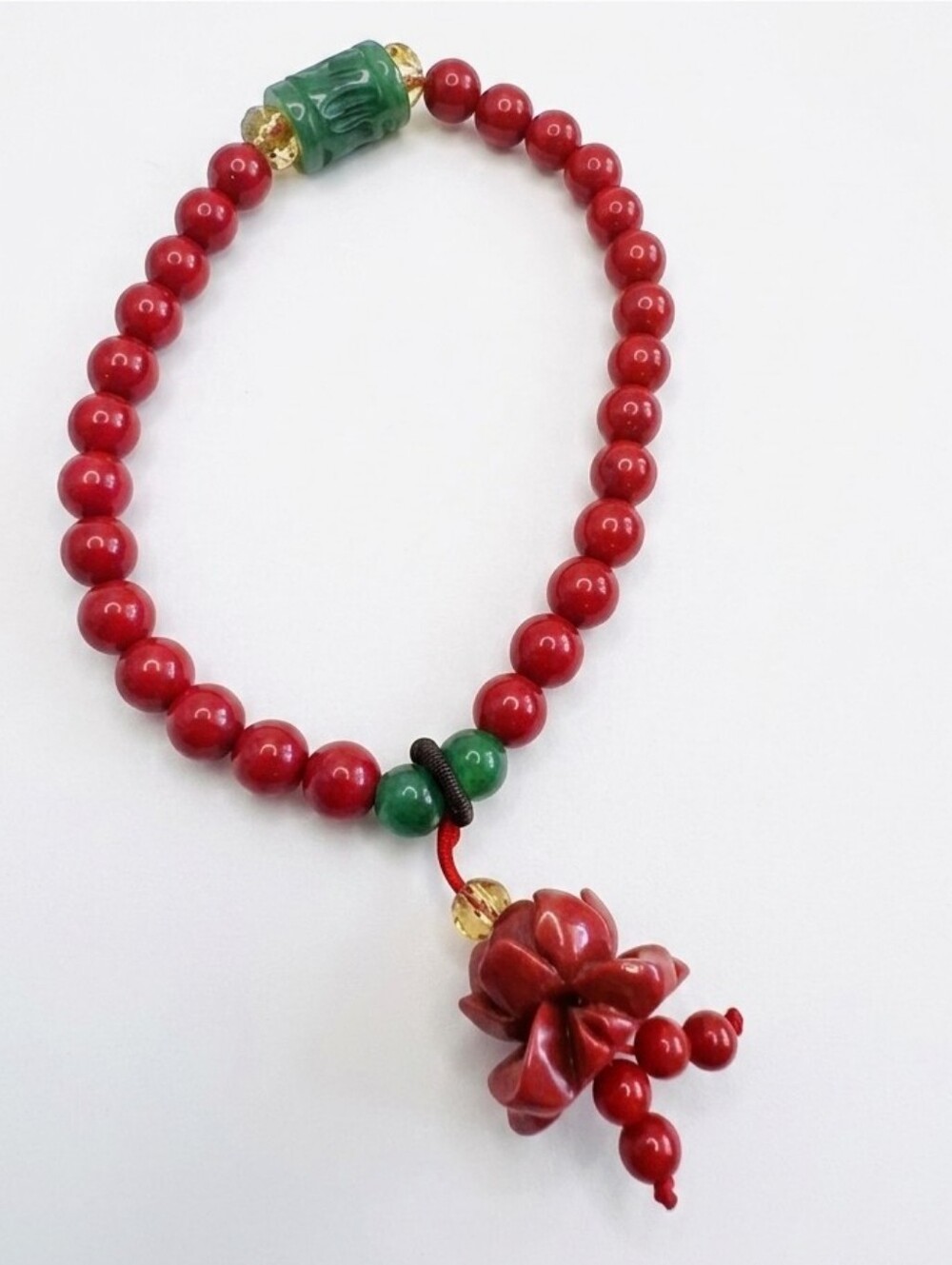 Natural Red Cinnabar & Carved Green Jade Lotus Talisman Bracelet
